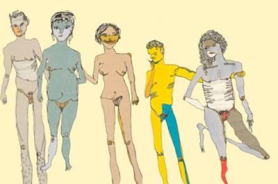 A drawing of five naked using in a variety of colors.