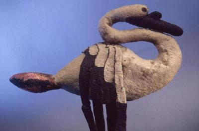 A photo of a swan made out of felted wool.