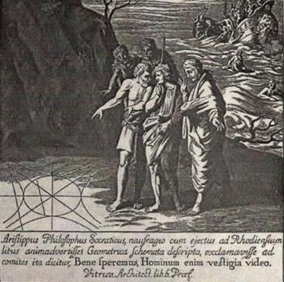 Engraving of a passage from Roman author Virtruvius, featuring the philosopher Aristippus
