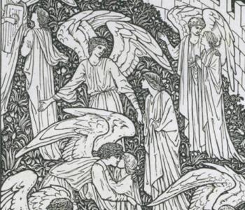 Close-up of "Golden Legend," an engraving of angels in various poses designed by Edward Burne-Jones and wood-engraved by W.H. Hooper.