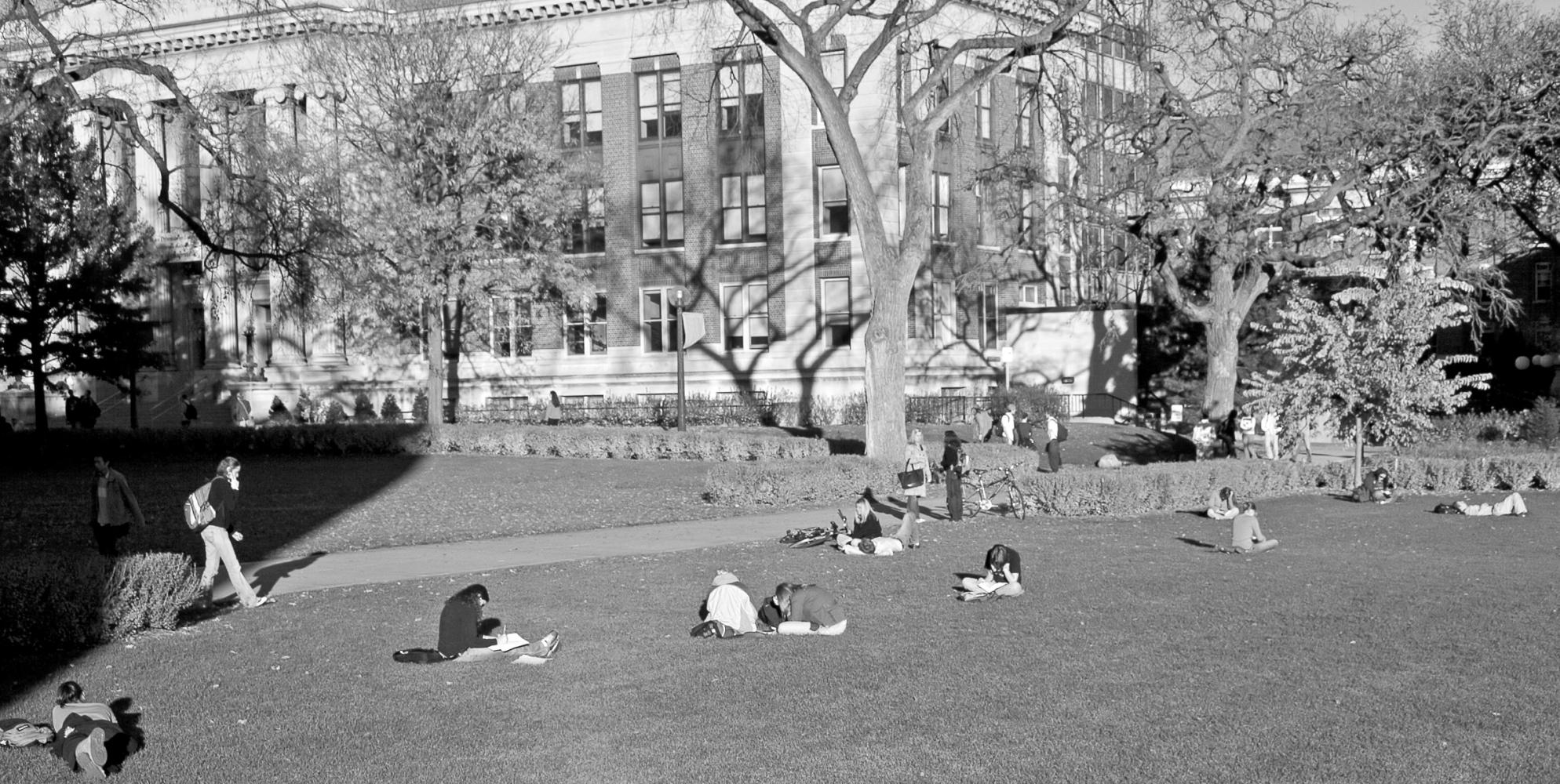 Black and white image of a college campus quad