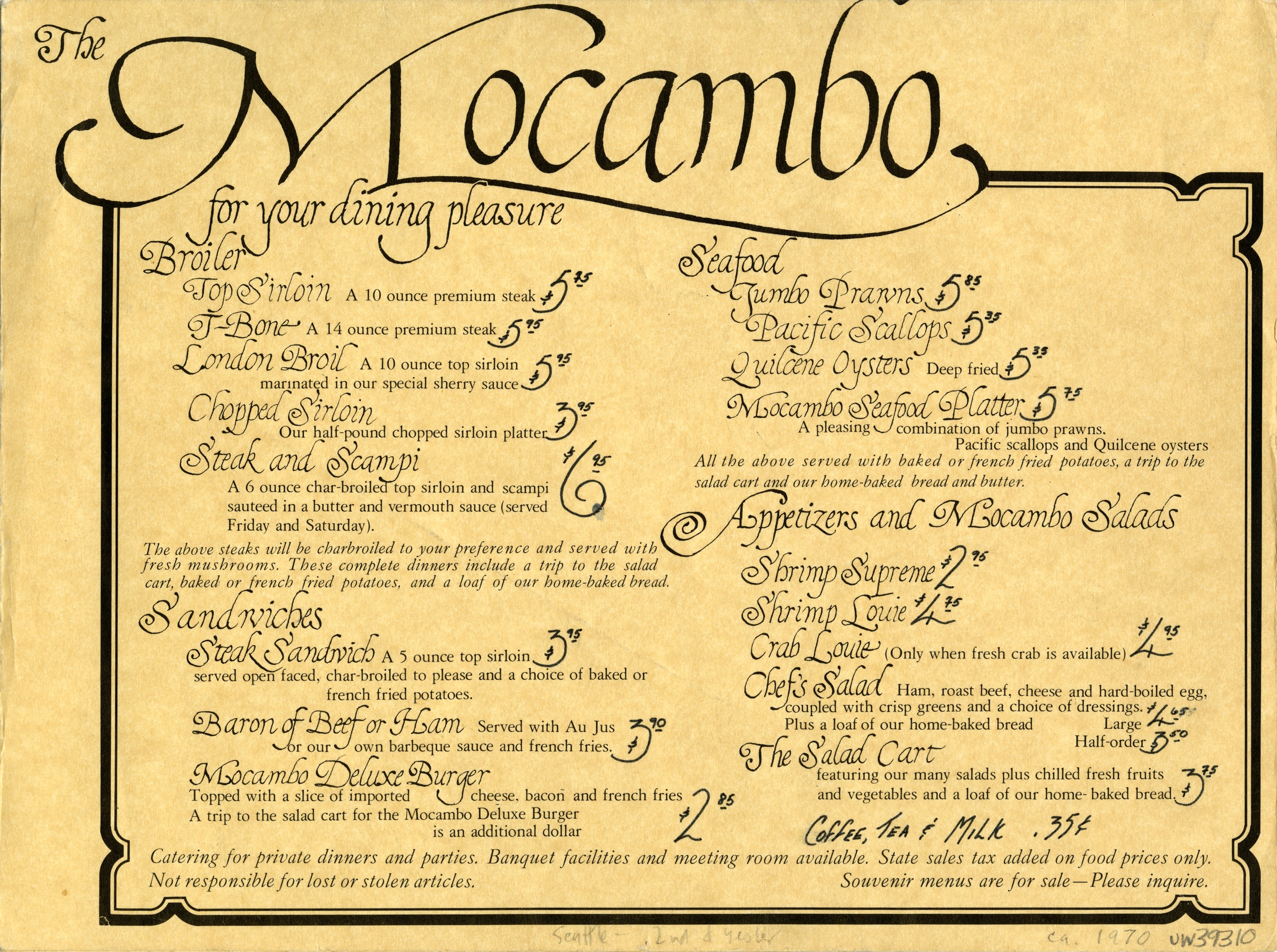 A dining menu from the Mocambo Restaurant and Lounge (1951-78).