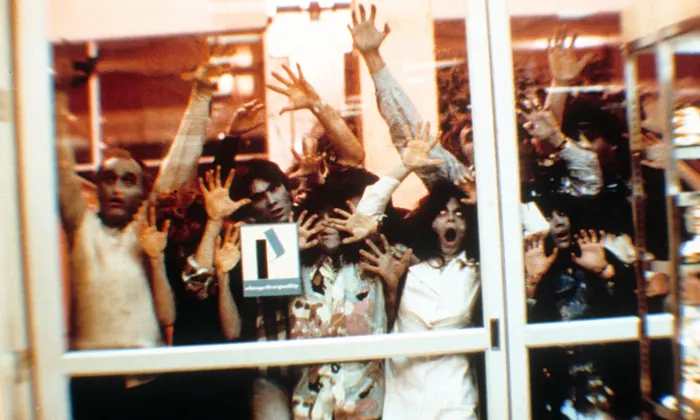 Shot from the film Dawn of the Dead, with a crowd zombies yelling behind closed glass doors