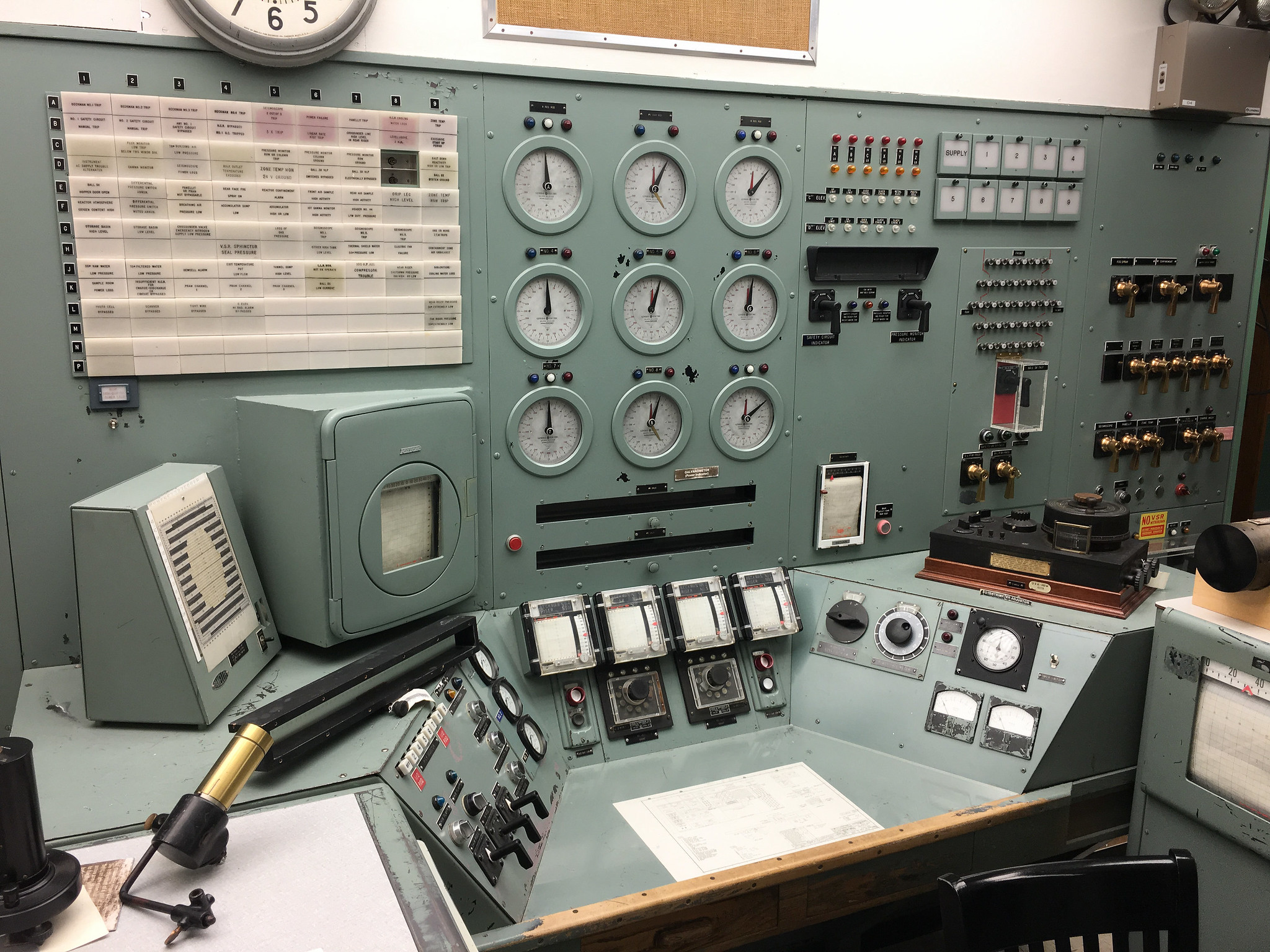 Close-up of switches, dials, and buttons in the B Reactor Control Room