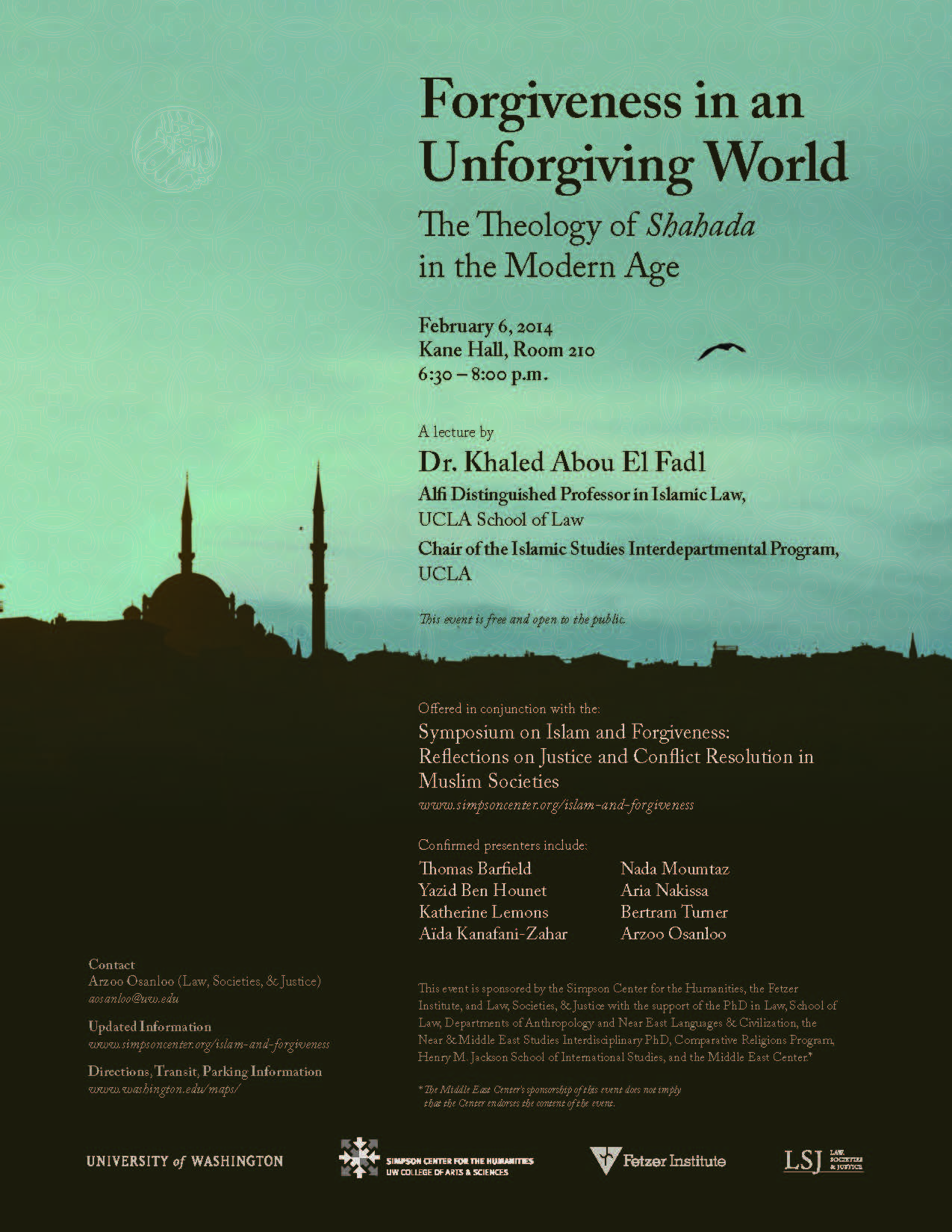Flyer for Forgiveness in an Unforgiving World: The Theology of Shahada, presented on February 6, 2014