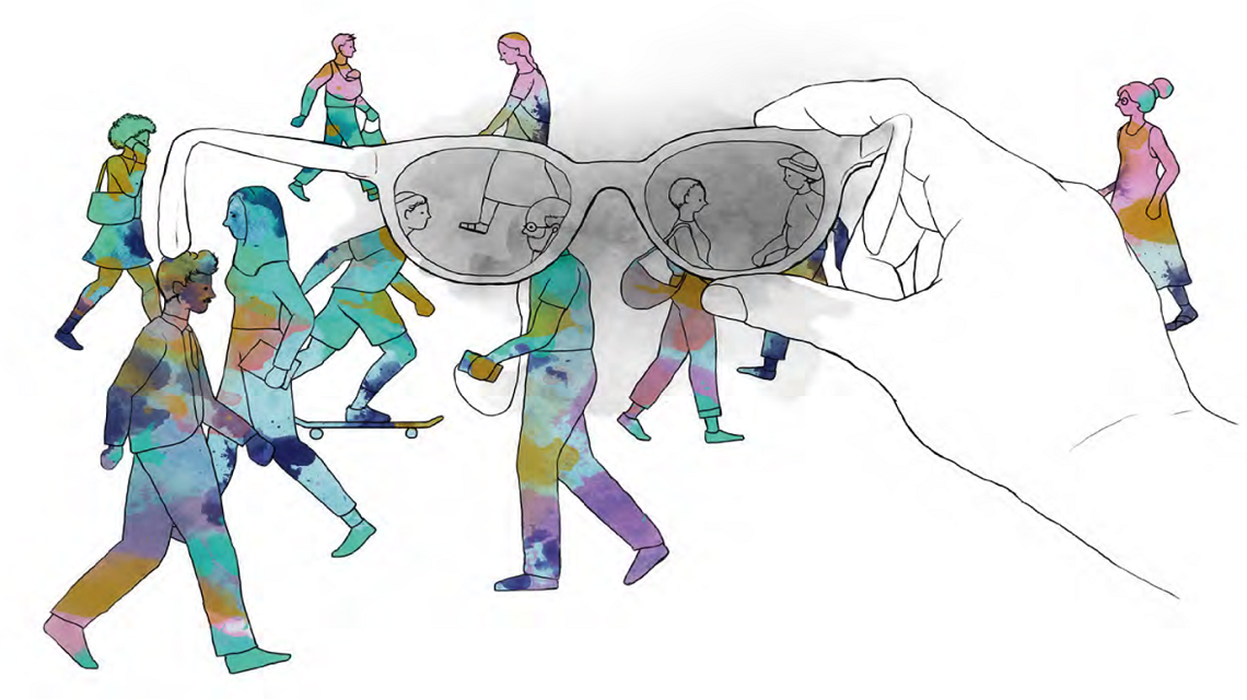 Illustration of a hand holding up glasses in front of rainbow-colored people
