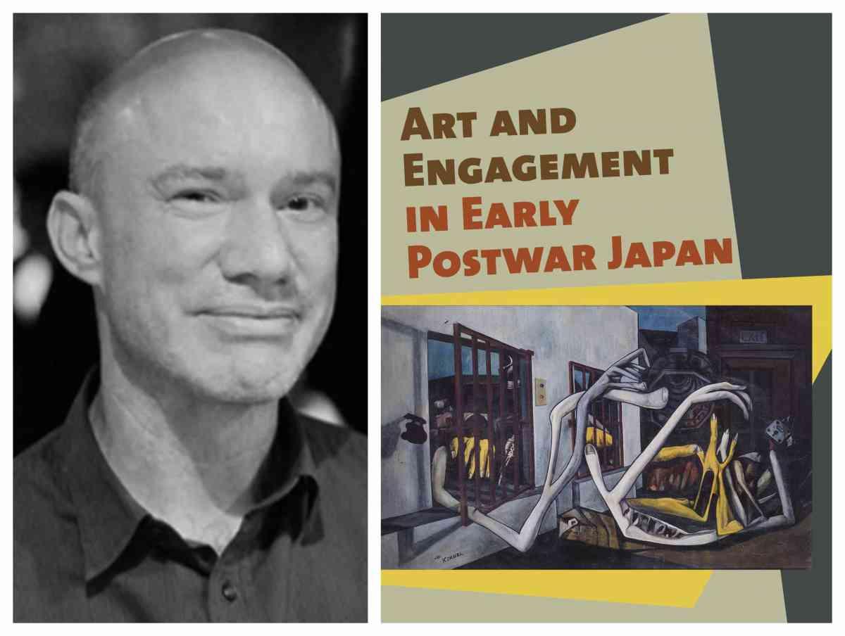 Justin Jesty and an image of his book, Art and Engagement in Early Postwar Japan.