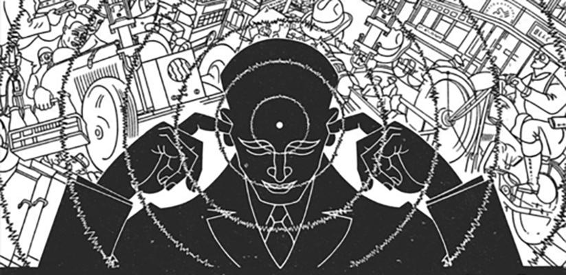 Black and white illustration of a person plugging their ears to block out city noise