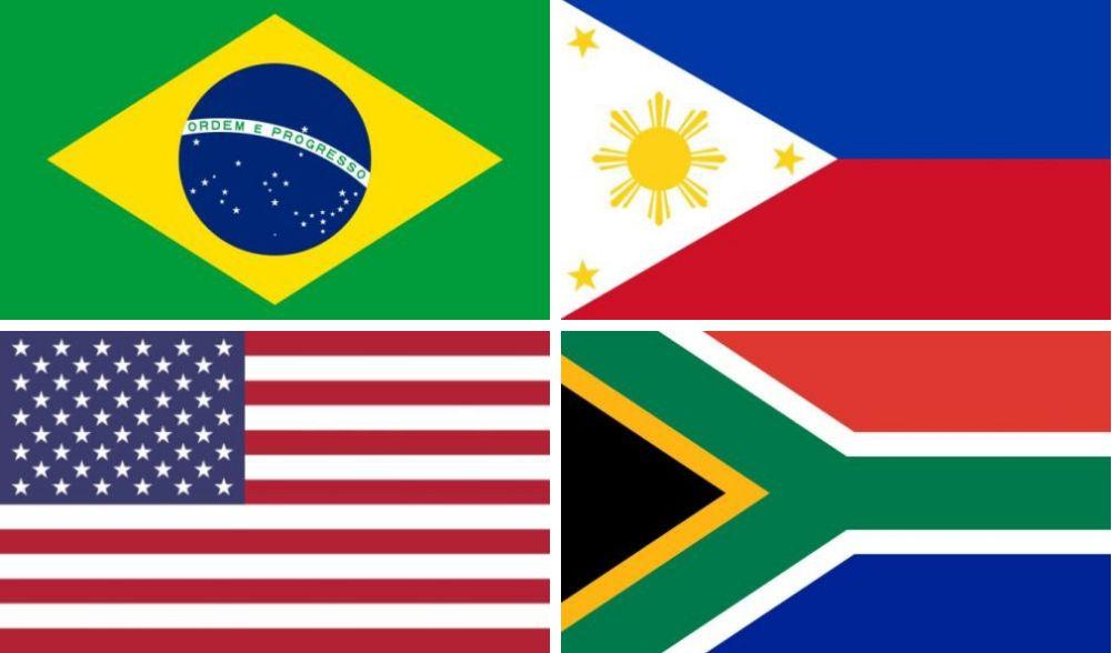 Flags of Brazil, the Philippines, South Africa, and the United States.