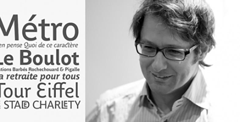 A black and white image of Type Designer Jean François Porchez with the French words on the left hand side.