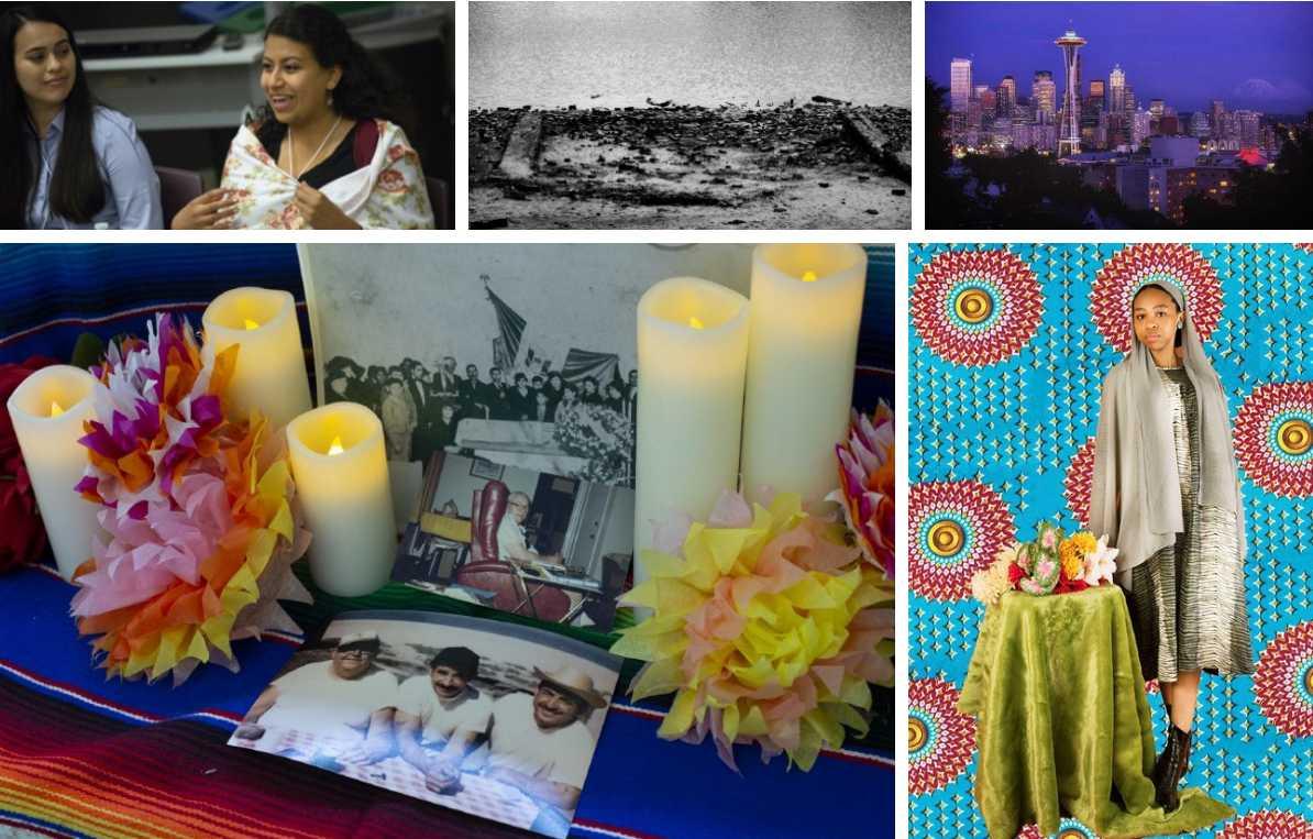 Clockwise from top left: Students at the August 17 symposium (David Ryder), Duwamish waterfront (Yaran Cui), Seattle skyline (Creative Commons), Tokens 2: Khairut Salum (Yabsira Wolde), and Sonia Rodriguez family tribute ‘Where the Red Roses Grow’ (David Ryder).