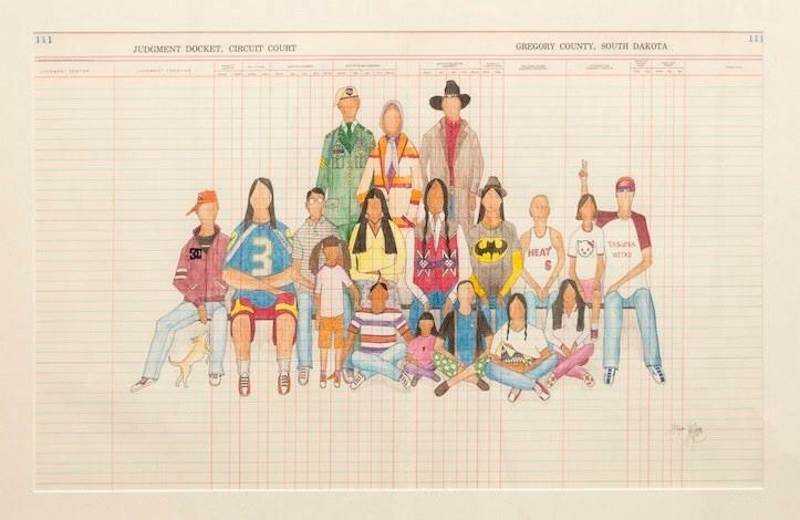 Ledger art by Dwayne Wilcon named Here We Are by Dwayne Wilcox consisting of a blank judicial docket being used as a canvas for intricate drawings of eighteen people assembled as if to be in a family portrait.