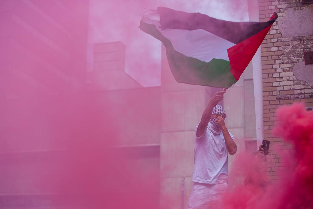 Palestinian flag behind pink gas (Nick Lachance/NurPhoto via Getty Images)