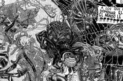 Black and White illustration of steampunk spiders and other creatures