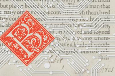 Close-up of the page of a book with a circuit board pattern overlaid on top of it
