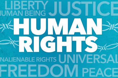 White text reading "Human Rights" set against a blue background made up of associated words like "Freedom" and "Justice"