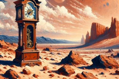 Grandfather clock on rocky surface of alien planet