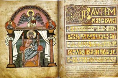A close-up of a page from the Stockholm Codex Aureus with a drawing of Saint John on one side and words on the other.