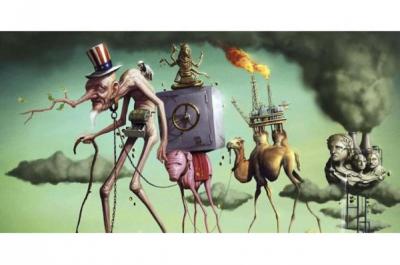 Salvidor Dali's The American Dream shows caricatures of people and objects representing the United States.