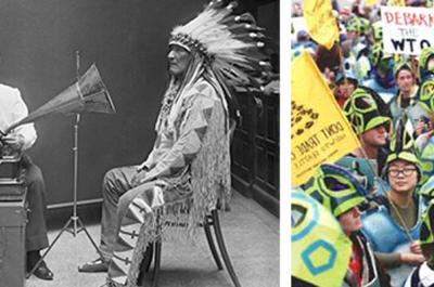 Black and white photo of Smithsonian Ethnologist Frances Densmore recording audio of Mountain Chief (Blackfoot) next to a color photo of sea turtle demonstrations at the Seattle WTO Protests in 1999