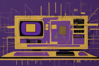 ArtBot image generated from the prompt "an abstract representation, in the style of Jean Michel Basquiat, representing computers and writing, with use of purple and gold colors, which depicts a screen containing an AI"