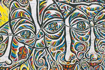 Abstract painting of multicolored faces.