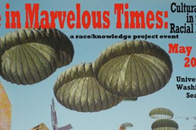 Close-up image of the poster for the Race/Knowledge Project event with parachutes on a blue background.