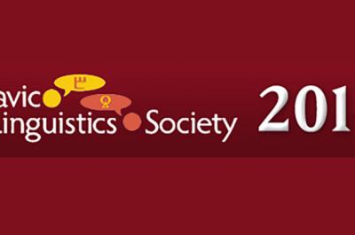 The logo of the 2014 Slavic Linguistics Society on a maroon background.