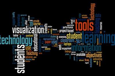 A screenshot of a word cloud on a black background with words like tools, visualization, technology, and learning in color.