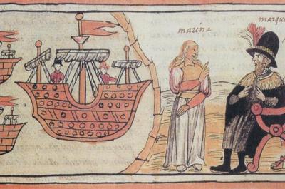 Engraving from the Durán Codex of Hernán Cortés, a large boat, and the Indian Marina.