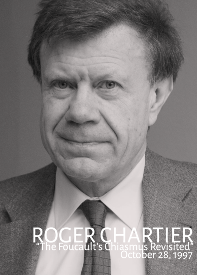 A black and white image of Roger Chartier wearing a suite and tie.