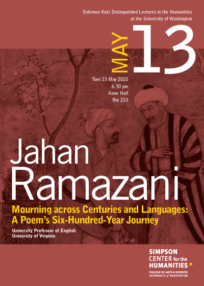 Event postcard with lecture details summarized in white and yellow text over the image.
