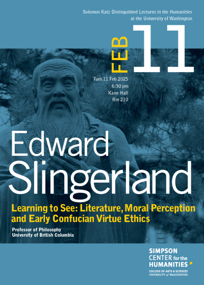 Event postcard with lecture details summarized in white and yellow text over image of Confucius