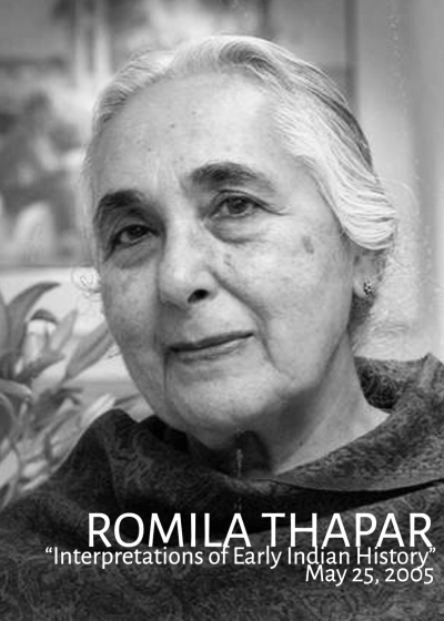 Black and white image of Romila Thapar looking into the camera.