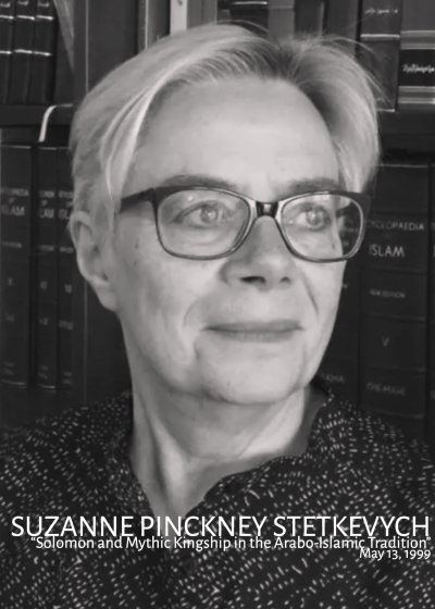 A black and white image of Suzanne Pinckney Stetkevych looking to the right while wearing glasses and a dark collared shirt.