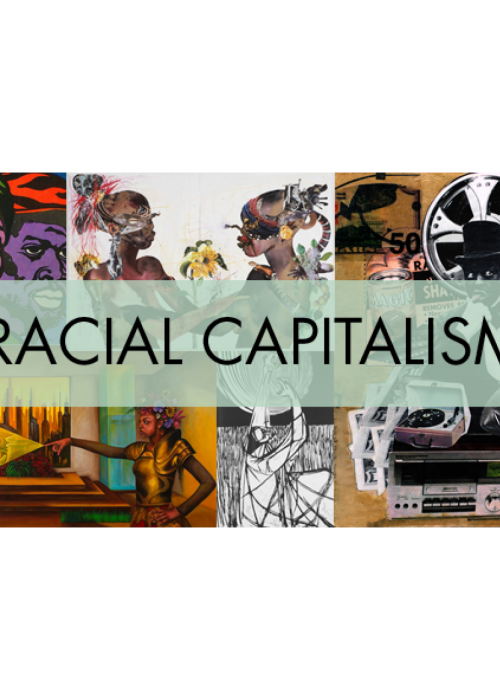 Collage of images of people of color and symbols of media with a light green banner across the center with Racial Capitalism written in black.