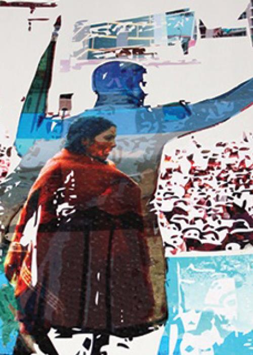 A composite photo of a man reaching out toward a crowd with a woman wrapped in a black in his silhouette.