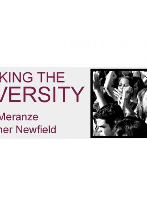 Screenshot from Newfield and Meranze's blog named Remaking the University beside a black and white photo of people protesting. 