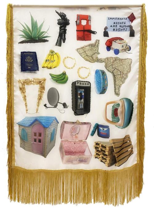 Image of silken banner/flag with golden fringe with assorted images relating to experiences of immigration from Colombia to US and diasporic Colombian life.