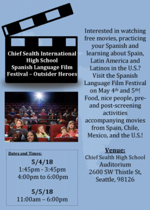 Flyer for the Chief Sealth Film Festival with a blue background and black writing alongside an image of a clapboard.