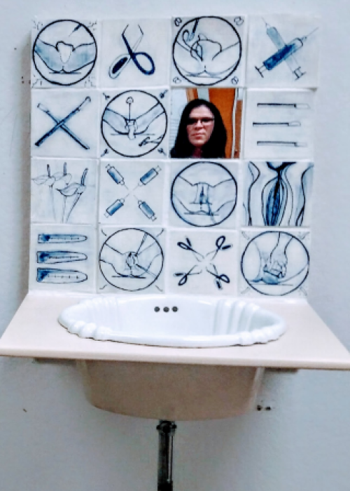 Cassie Mira, XOXO Tile Project, 2016, Porcelain and Metal Sink, Wood, Ceramic Tile, Mirror, Grout