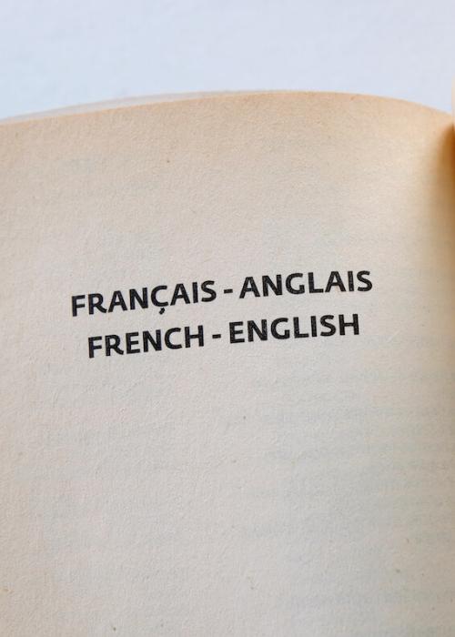 Close up picture of a book page that reads French-English in both French and English.