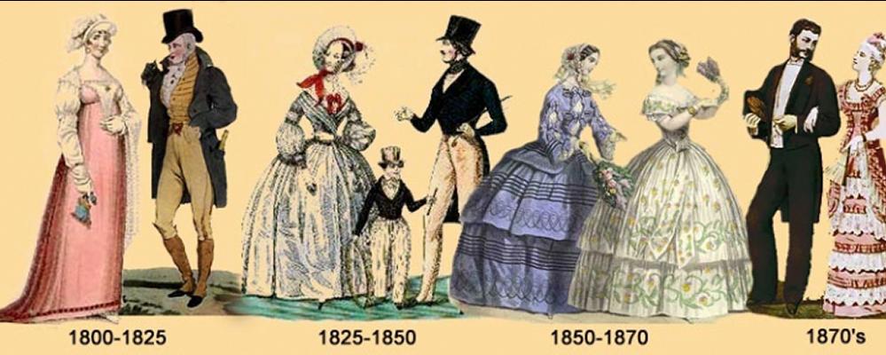 Drawing of popular fashion from 1825 to the 1870s.