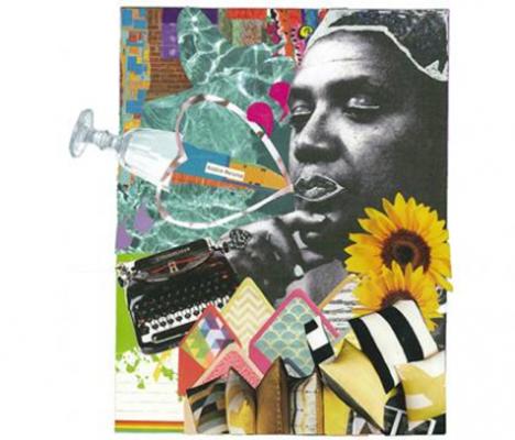 A collage by Alexis Pauline Gumbs in honor of Audre Lorde consisting of images of flowers, a typewriter, envelopes and a black and white image of Audre Lorde.