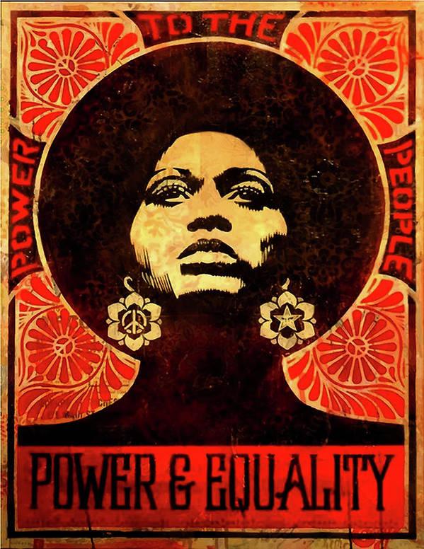 Artwork of scholar and activist Angela Davis with the words "Power to the People" around her head and "Power & Equality" on the bottom
