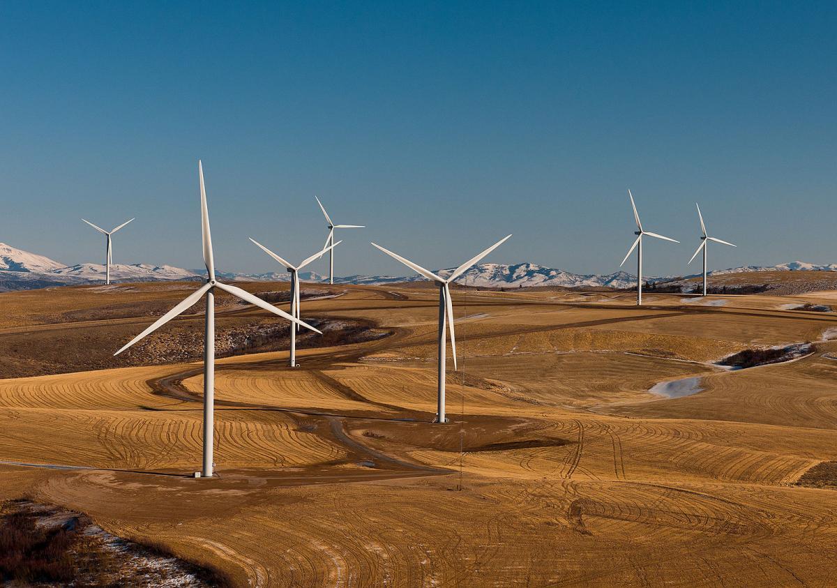 An aerial view of a wind farm in Power County, Idaho 