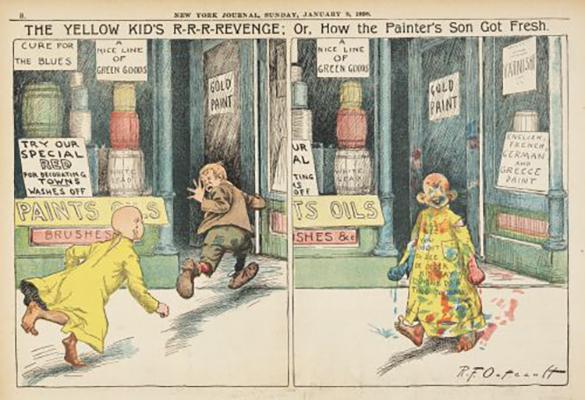 A close-up of the comic the Yellow Kid Gives a Show at Ryan's Arcade, published in the New York Journal in 1898, in which two children run into a paint shop and one emerges covered in paint.