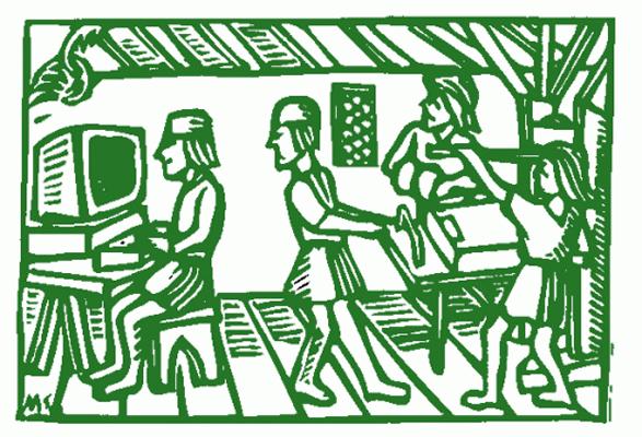 Green linocut style illustration of three people using a printing press looking at someone using a desktop computer