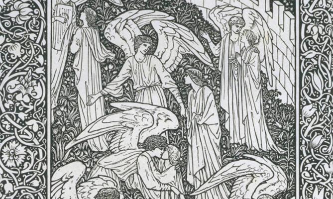 Close-up of "Golden Legend," an engraving of angels in various poses designed by Edward Burne-Jones and wood-engraved by W.H. Hooper.