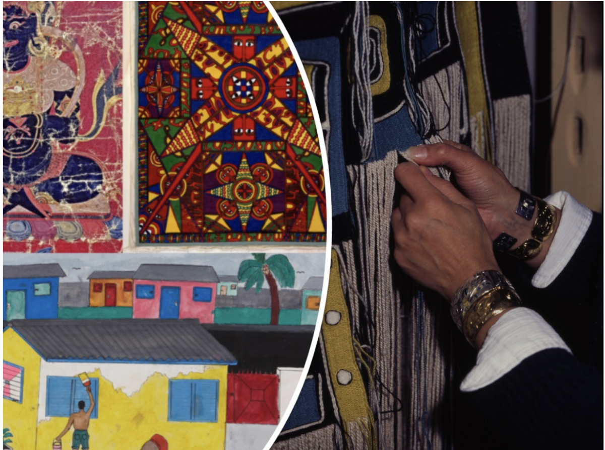 A combination of three colorful images. On the top left are two tapestries with vivid colors, on the bottom is a colorful watercolor of someone painting a house, and on the right is a close-up shot of a hand weaving a yellow, black, white, and blue textile. 